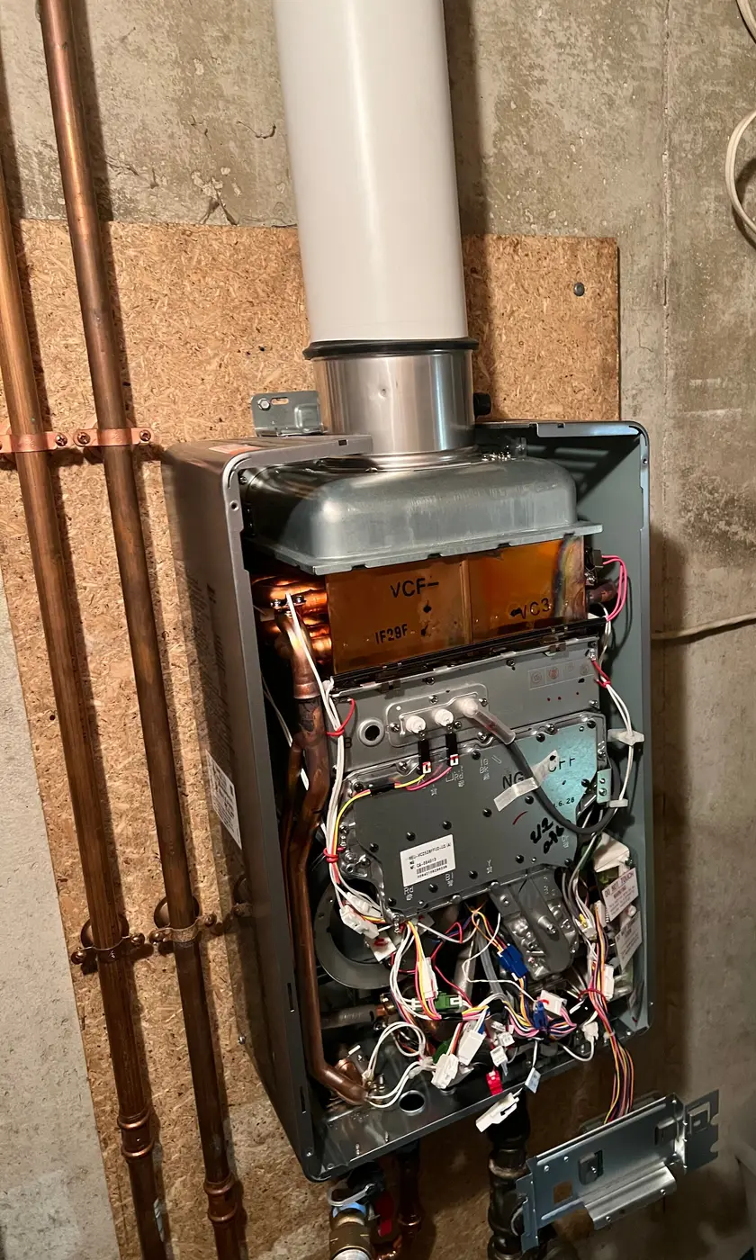 Wall-mounted tankless water heater with its front cover off, showing internal components and the vent pipe